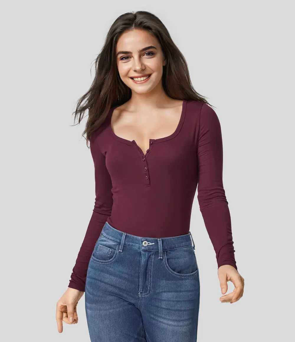 Ribbed Henley Top in Maroon Banner