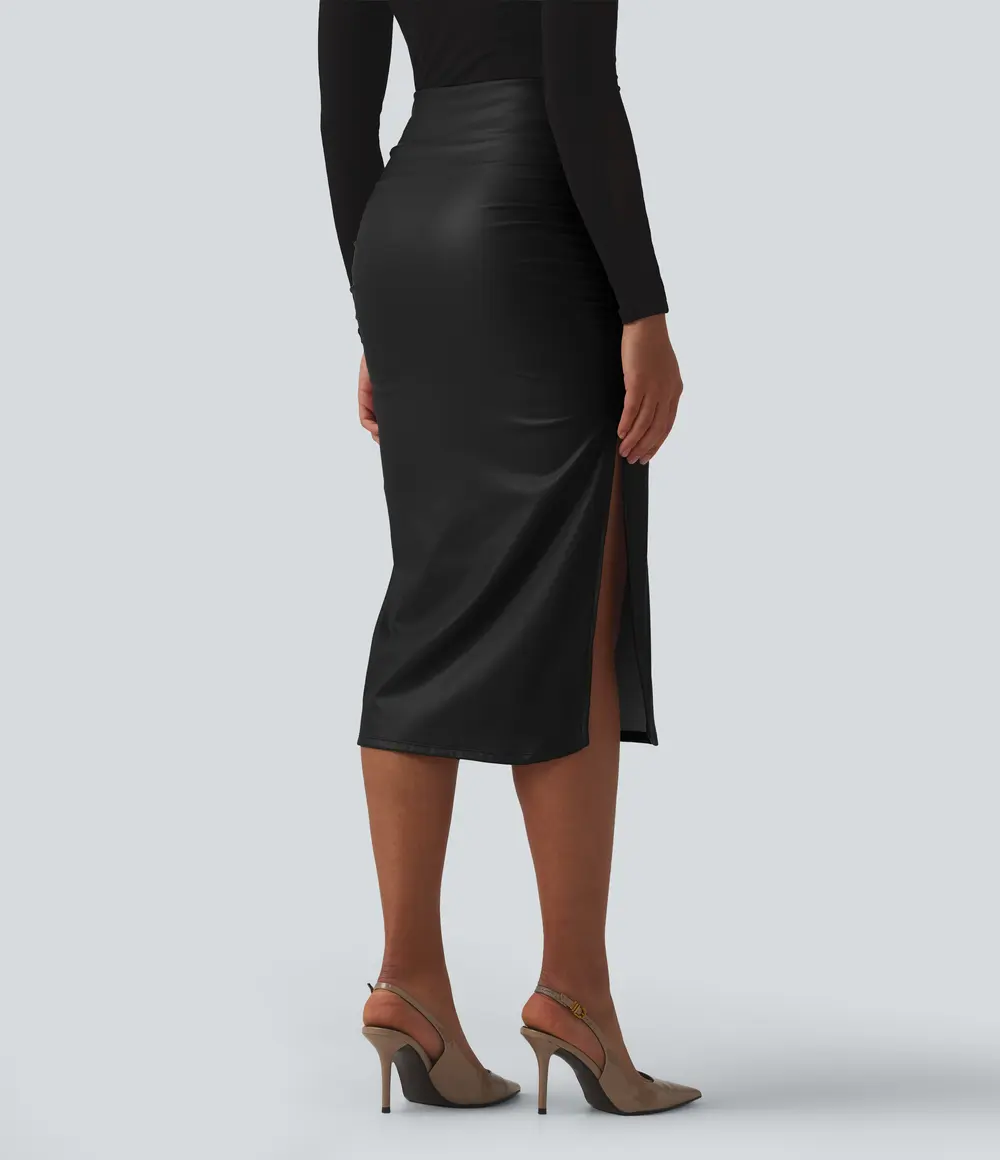 Faux Leather Midi Skirt in Black
