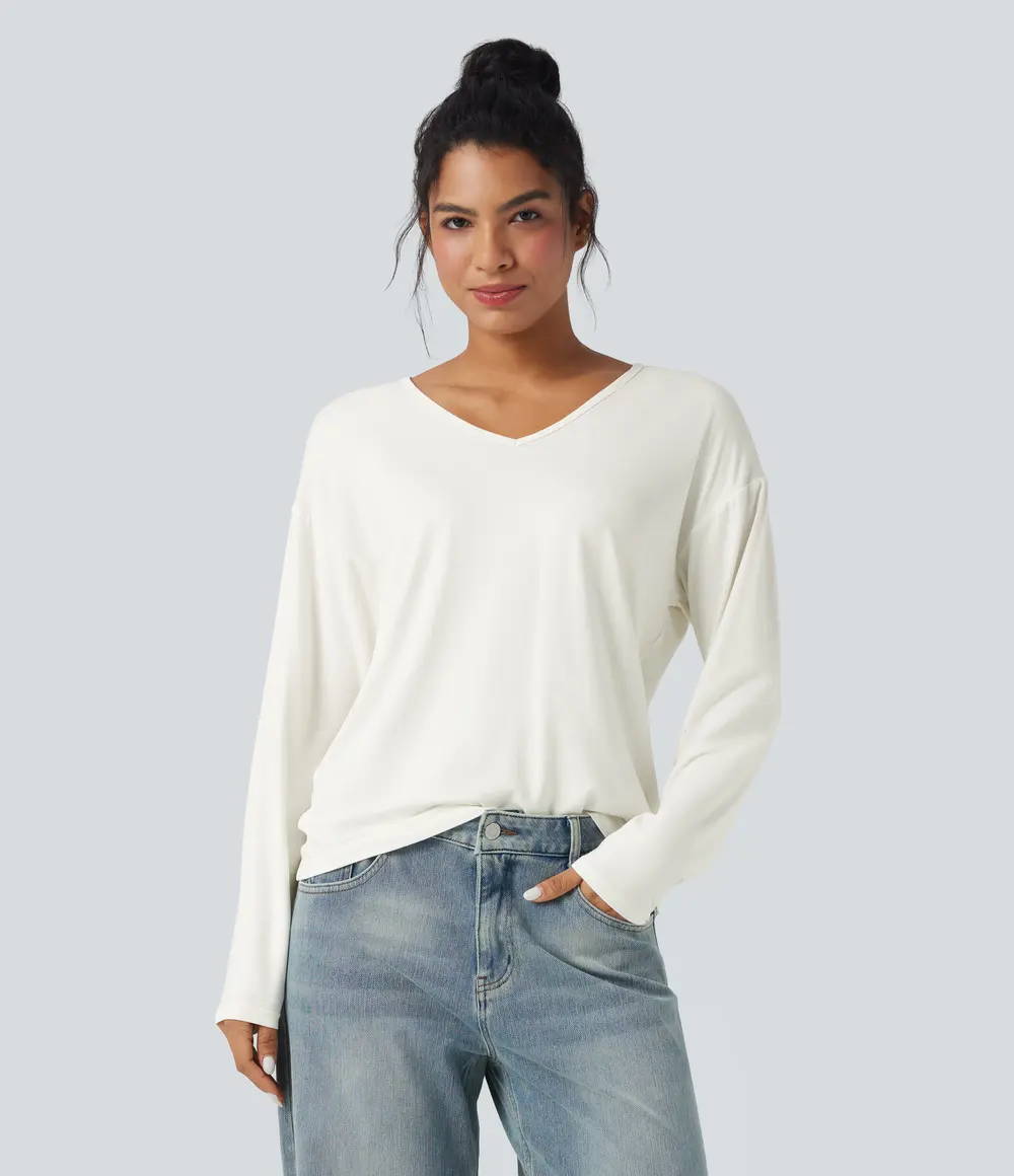 V-Neck Long Sleeve Top in White